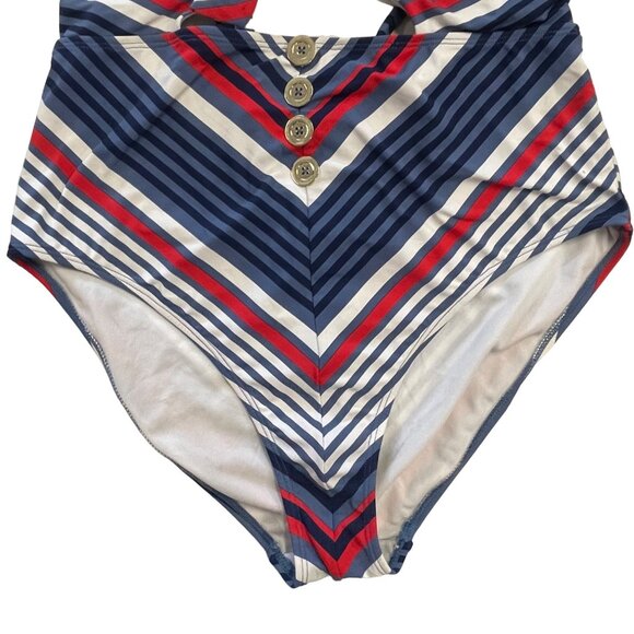 Time Tru L One Piece Swim Suit Red White Blue Patriotic Sailor Cutout Peep Vneck - Picture 4 of 12